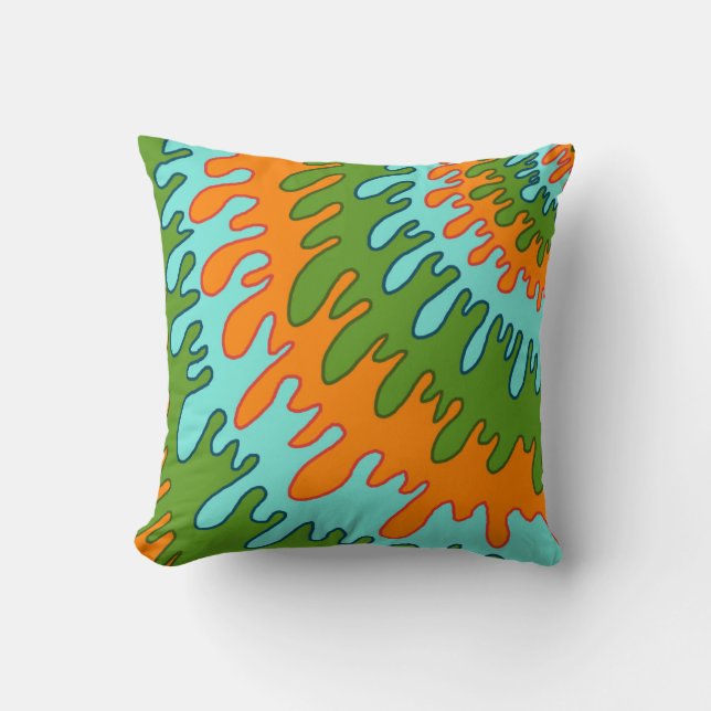 Trippy Green Orange Liquid Drip Stripe Y2K Pattern Cushion (Front)