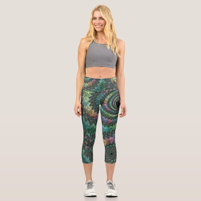 Trippy Groovy Colourful Jewel Tone Fractal Art Capri Leggings (Front)