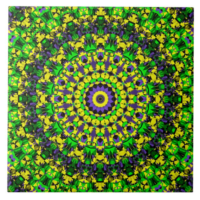 Trippy Groovy Retro Hippie Colourful Mandala Art Tile (Front)