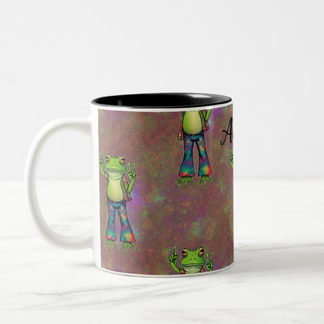 Trippy Hippie Psychedelic Frog Peace Retro Custom Two-Tone Coffee Mug (Left)