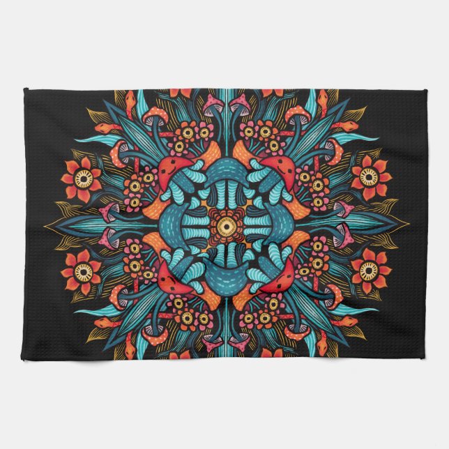 Trippy hippie psychedelic groovy mushroom weird tea towel (Horizontal)