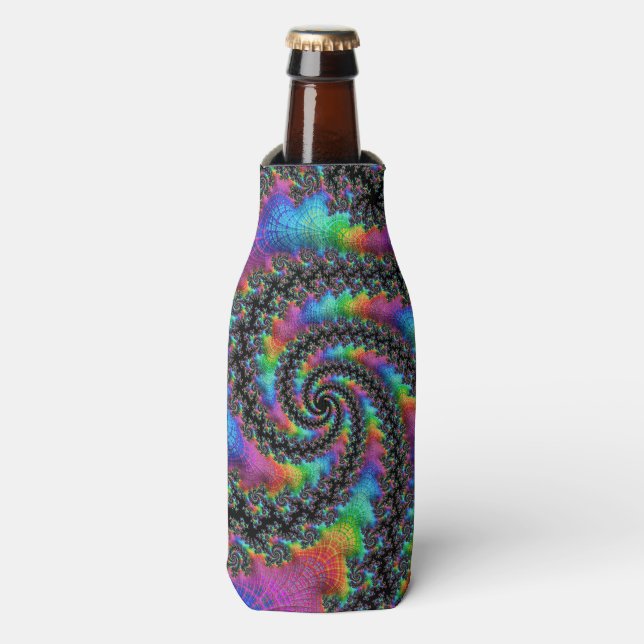 Trippy Hippie Psychedelic Rainbow Spiral Fractal Bottle Cooler (Bottle Front)