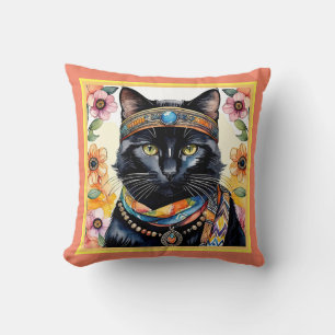 Trippy Hippy Cat with Pendant 16 inch Throw Pillow