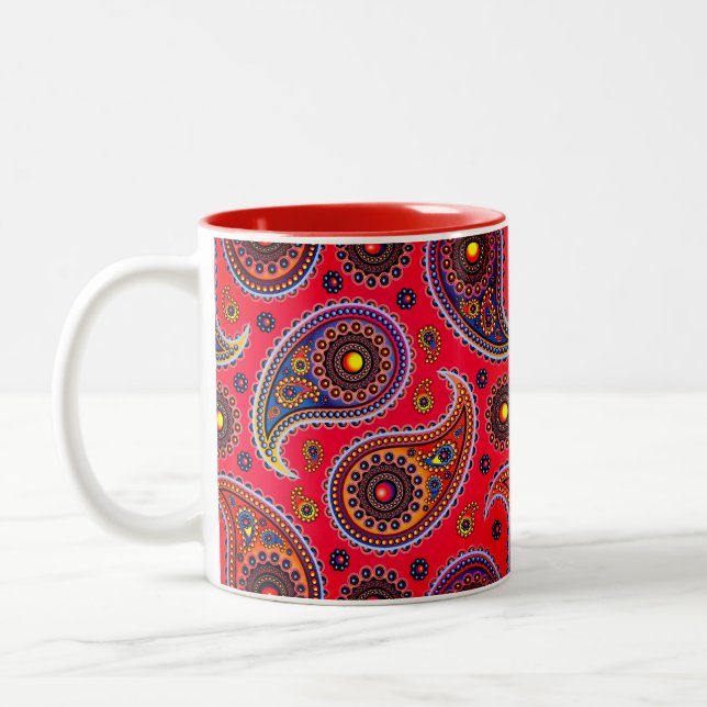 Trippy Hippy Retro Paisley Two-Tone Coffee Mug (Left)