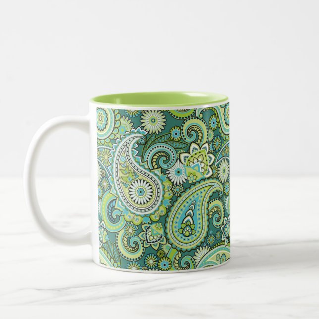 Trippy Hippy Retro Paisley Two-Tone Coffee Mug (Left)