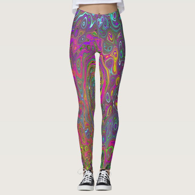 Trippy Hot Pink Abstract Retro Liquid Swirl Leggings (Front)