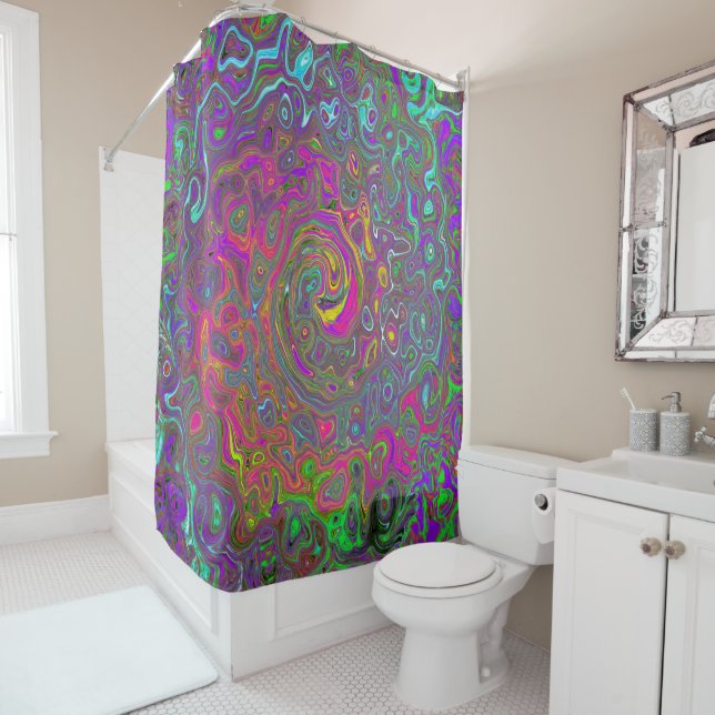 Trippy Hot Pink Abstract Retro Liquid Swirl Shower Curtain (In Situ)