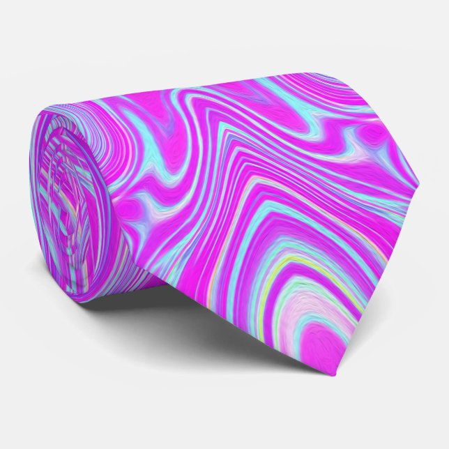 Trippy Hot Pink and Aqua Blue Abstract Pattern Tie (Rolled)