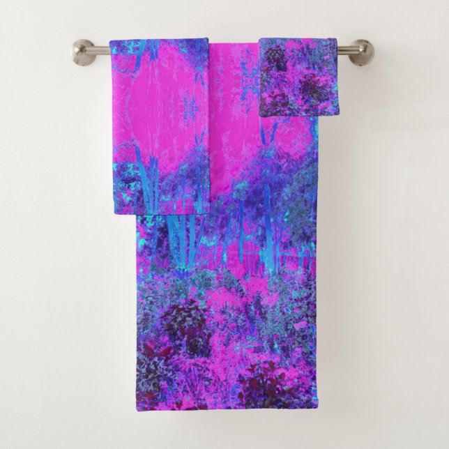 Trippy Hot Pink and Blue Impressionistic Landscape Bath Towel Set (Insitu)