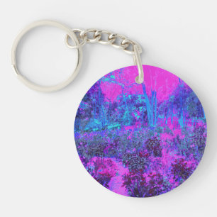Trippy Hot Pink and Blue Impressionistic Landscape Key Ring