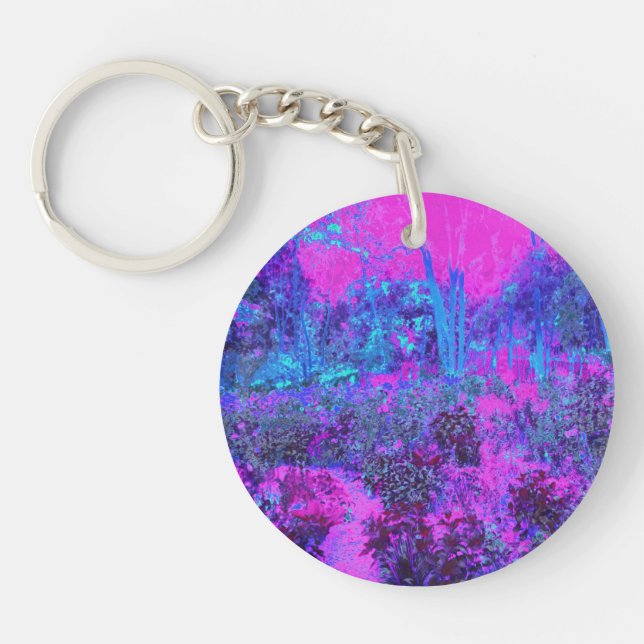 Trippy Hot Pink and Blue Impressionistic Landscape Key Ring (Front)