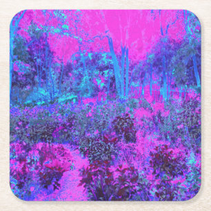 Trippy Hot Pink and Blue Impressionistic Landscape Square Paper Coaster