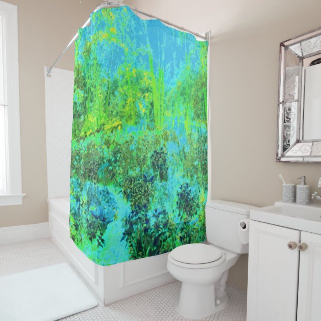 Trippy Lime Green and Blue Garden Landscape Shower Curtain (In Situ)