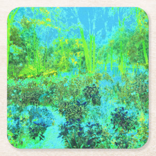 Trippy Lime Green and Blue Garden Landscape Square Paper Coaster