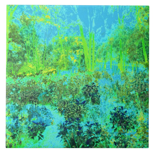 Trippy Lime Green and Blue Garden Landscape Tile (Front)