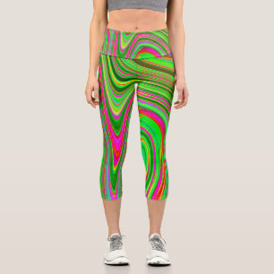Trippy Lime Green and Magenta Abstract Groovy Art Capri Leggings