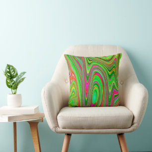 Trippy Lime Green and Magenta Abstract Groovy Art Cushion