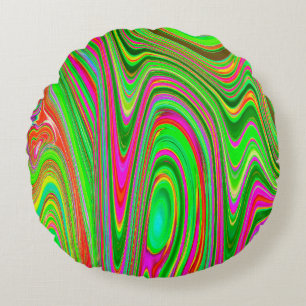 Trippy Lime Green and Magenta Abstract Groovy Art Round Cushion
