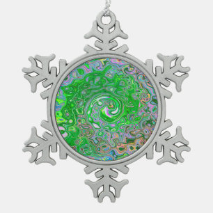 Trippy Lime Green and Pink Abstract Retro Swirl Snowflake Pewter Christmas Ornament
