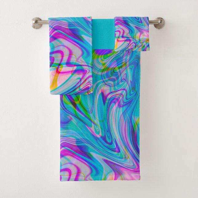 Trippy Liquid Colourful Abstract Pattern Blue Bath Towel Set (Insitu)