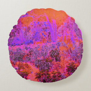 Trippy Magenta and Orange Impressionistic Garden Round Cushion