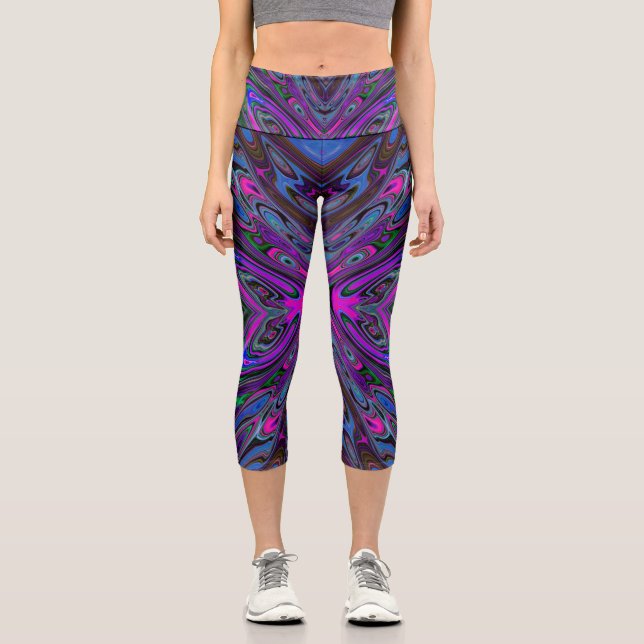 Trippy Magenta, Blue and Green Abstract Butterfly Capri Leggings (Front)