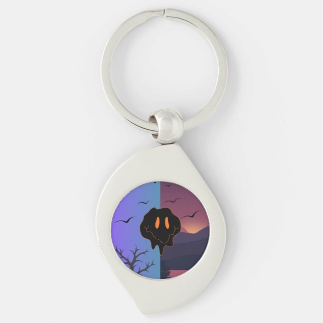 Trippy Melting Smile Face Day & Night Landscape Mo Key Ring (Front)