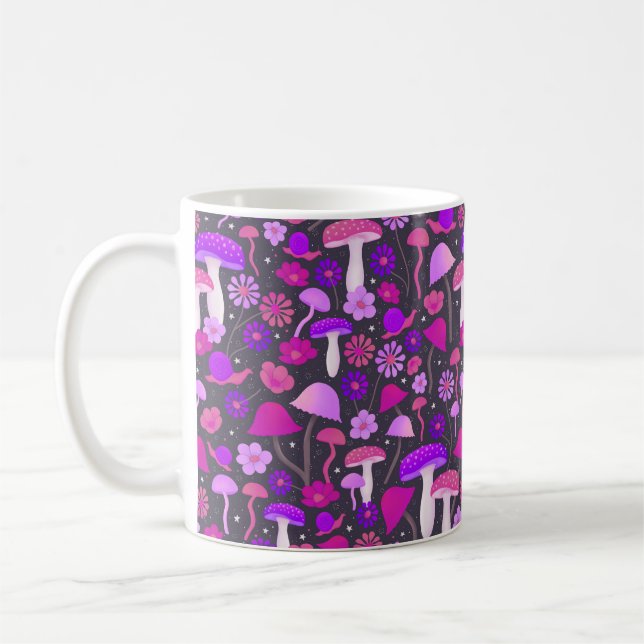 Trippy Mushrooms & Flowers Pink, Purple & Black Coffee Mug (Left)