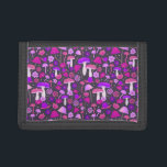 Trippy Mushrooms Retro Purple, Pink, & Black Trifold Wallet<br><div class="desc">This wallet is decorated with trippy,  psychedelic illustrated mushrooms and flowers in shades of hot pink and bold purple against a black background.</div>