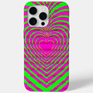 Trippy Neon Pink Green Hypnotic Heart Love Pattern iPhone 15 Pro Max Case