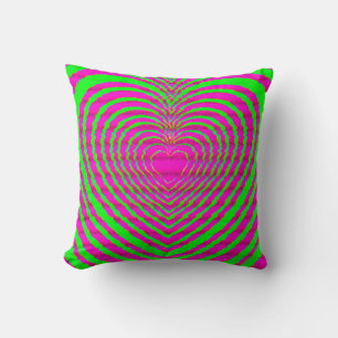 Trippy Neon Pink Green Hypnotic Heart Love Pattern Cushion