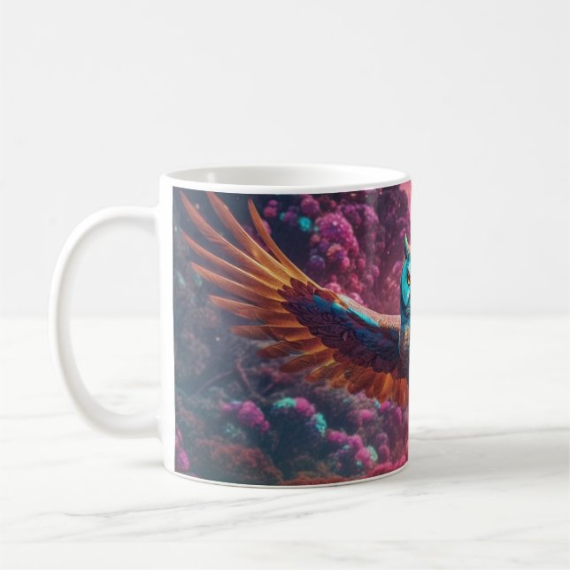 Trippy owl flying  coffee mug (Left)
