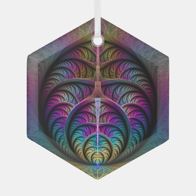 Trippy Patterned Colorful Abstract Fractal Art Glass Tree Decoration (Front)