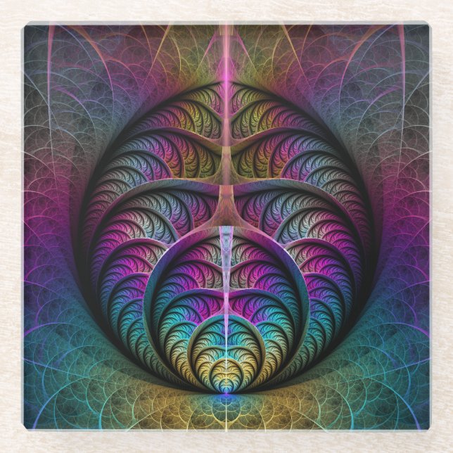 Trippy Patterned Colourful Abstract Fractal Art Glass Coaster (Front)