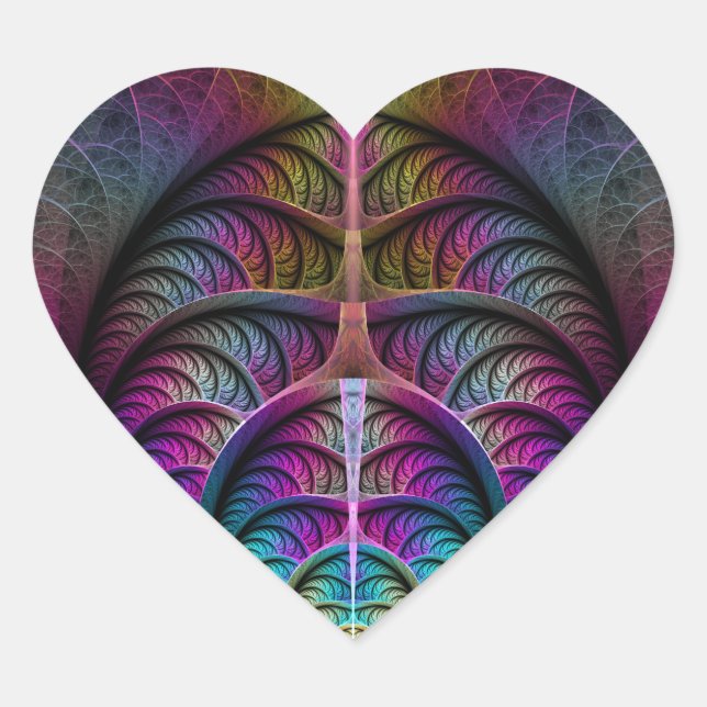 Trippy Patterned Colourful Abstract Fractal Art Heart Sticker (Front)