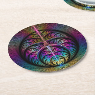 Trippy Patterned Colourful Abstract Fractal Art Round Paper Coaster