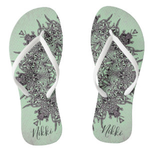 Trippy Personalised Mandala on Mint Green Flip Flops