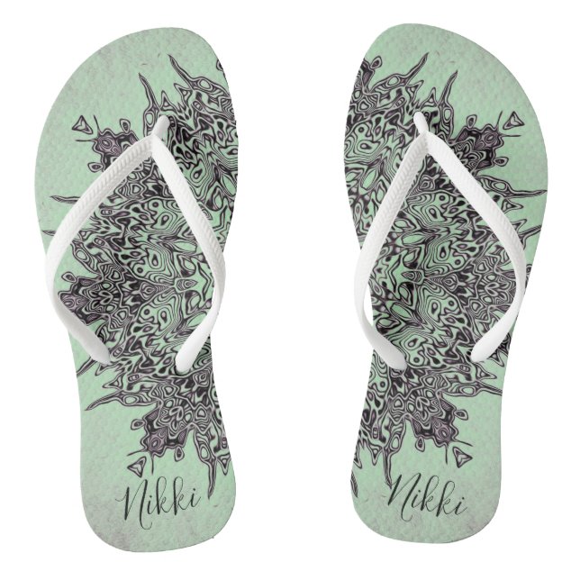 Trippy Personalised Mandala on Mint Green Flip Flops (Footbed)