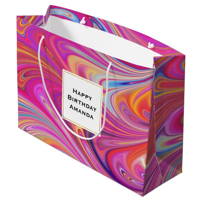 Trippy Pink and Orange Swirly Design Birthday Large Gift Bag (Back Angled)