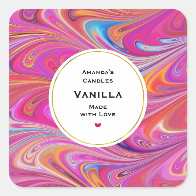 Trippy Pink and Orange Swirly Design Candle Craft Square Sticker (Front)