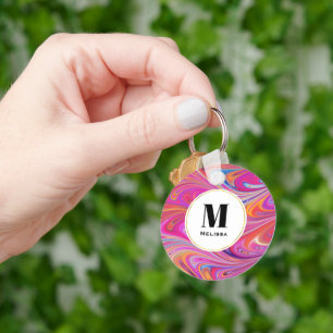 Trippy Pink and Orange Swirly Design Key Ring