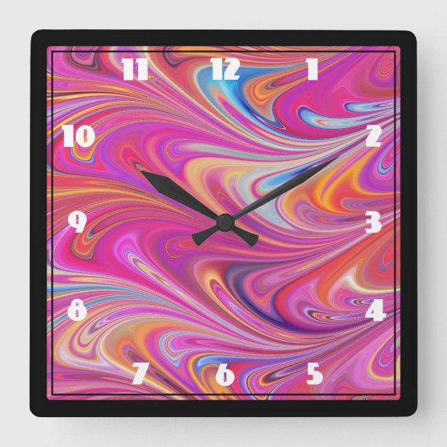 Trippy Pink and Orange Swirly Design Square Wall Clock (Front)
