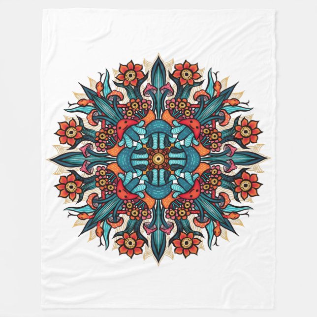 Trippy Psychedelic Groovy Mushroom Mandala Eyes Fleece Blanket (Front)