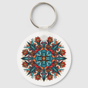 Trippy Psychedelic Groovy Mushroom Mandala Eyes Key Ring