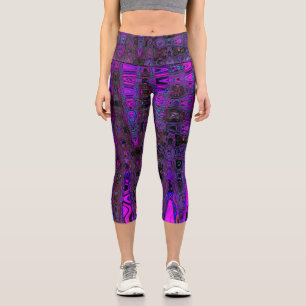 Trippy Purple and Black Retro Atomic Waves Capri Leggings