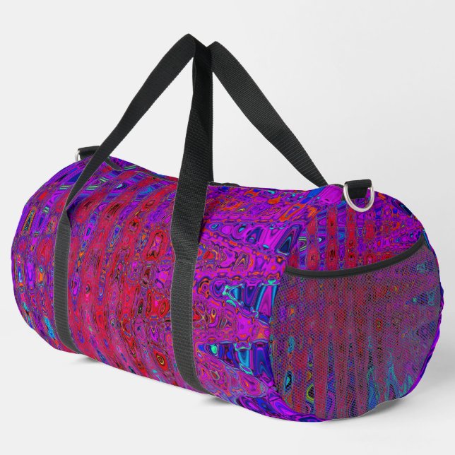 Trippy Red and Purple Abstract Retro Atomic Waves Duffle Bag (Right Corner)