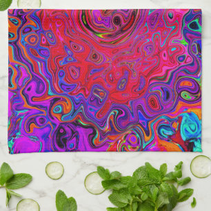 Trippy Red and Purple Abstract Retro Liquid Swirl Tea Towel