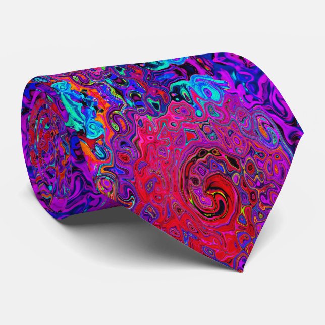 Trippy Red and Purple Abstract Retro Liquid Swirl Tie (Rolled)