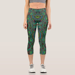 Trippy Retro Black and Lime Green Abstract Pattern Capri Leggings