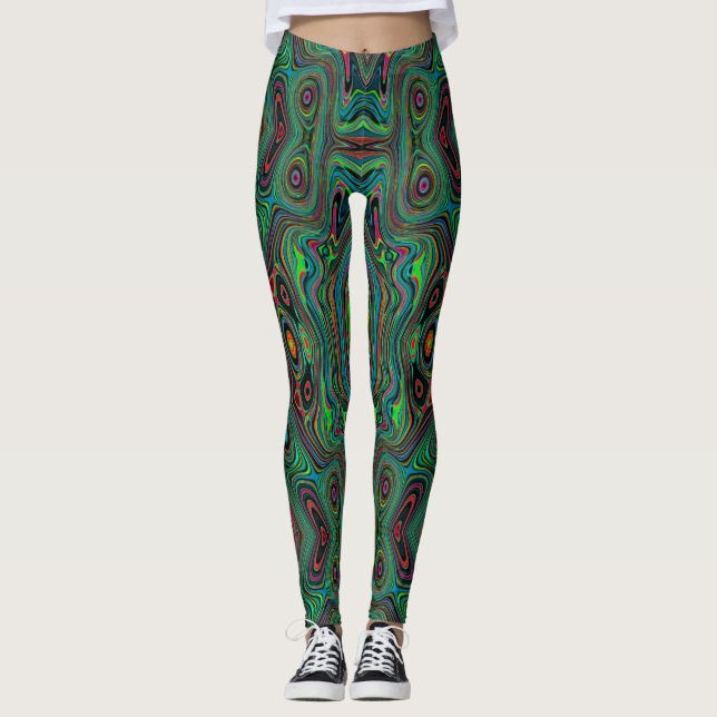 Trippy Retro Black and Lime Green Abstract Pattern Leggings (Front)